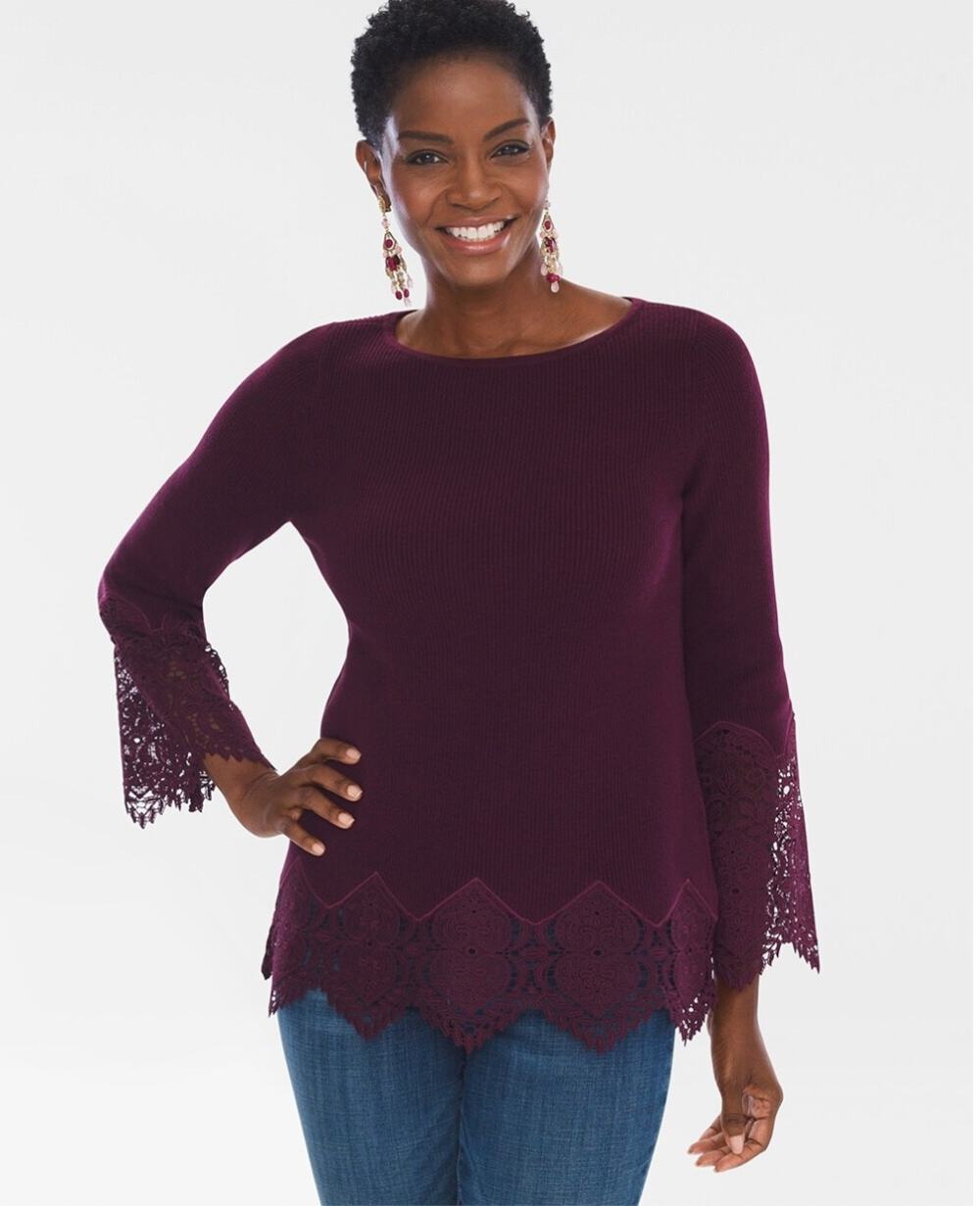 CHICO'S Maroon Lace Sleeve Trim Pullover Sweater // M